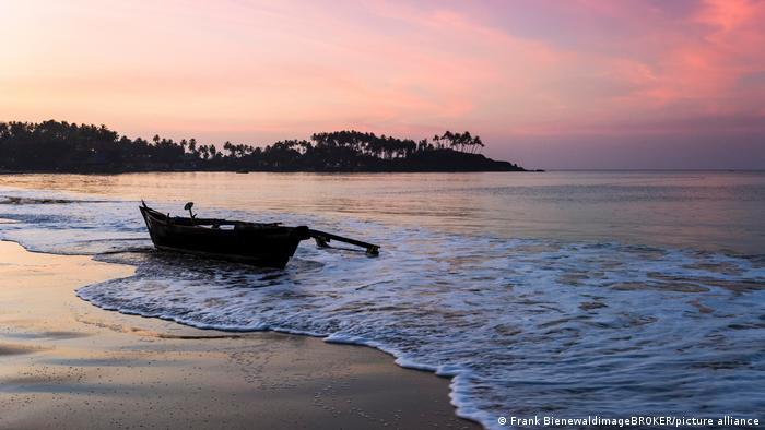 A beach in the pink sunset with a wooden in the shallow water and the outlines of trees on the horizon