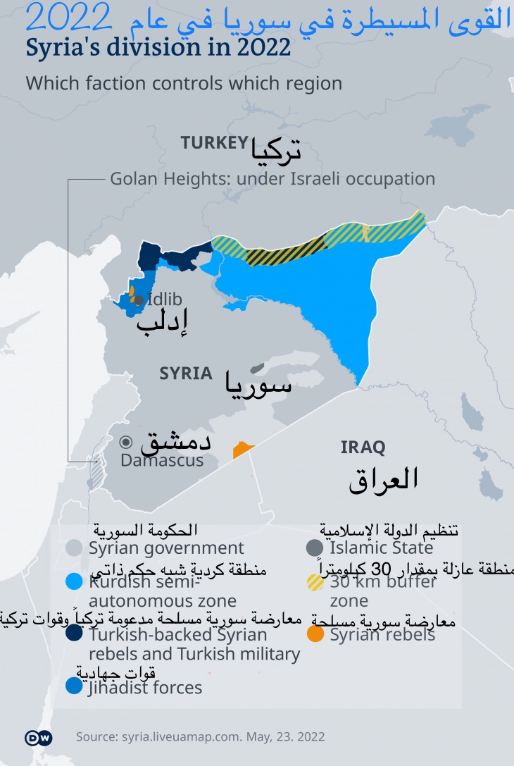 خريطة سوريا - القوى المسيطرة في سوريا في عام  2022 Map of Syria 2022 - DW 