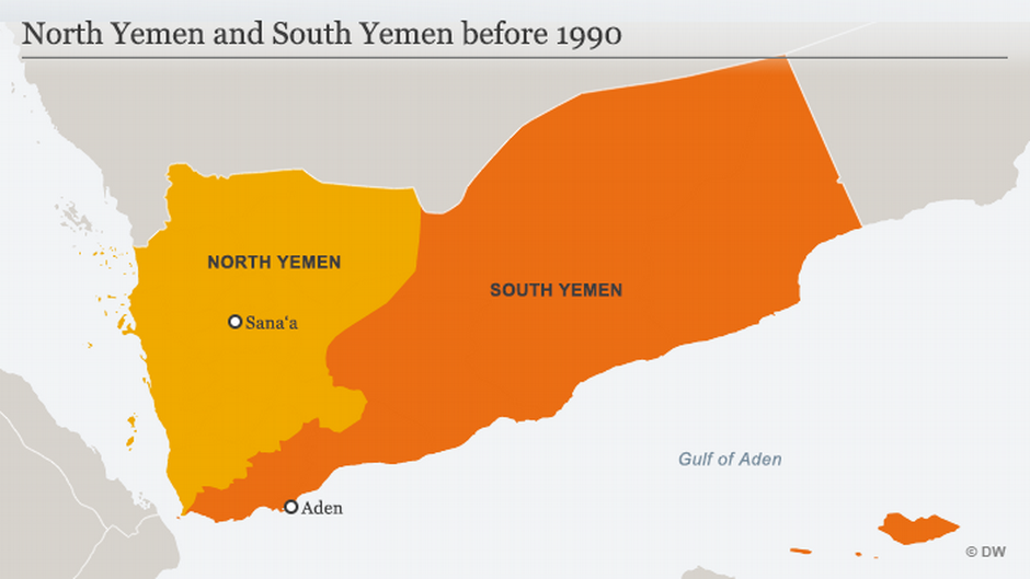 Map of Yemen showing North and South Yemen pre-1990 (source: DW)