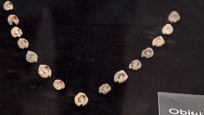 A series of shells, forming 150,000-year-old jewellery, discovered in Morocco.