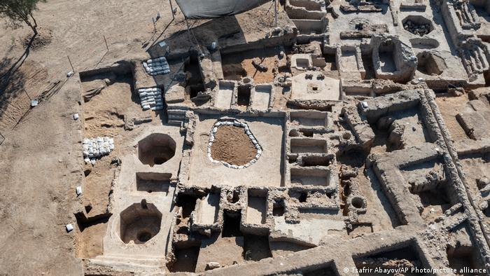Aerial view of ancient wine factory unearthed in Yavneh, Israel.