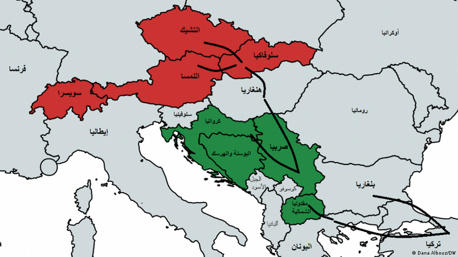 خريطة توضح طريق البلقان للهجرة غيرالقانونية. Balkan Road Serbien Flüchtlinge in Belgrad Karte DW Dana Albouz