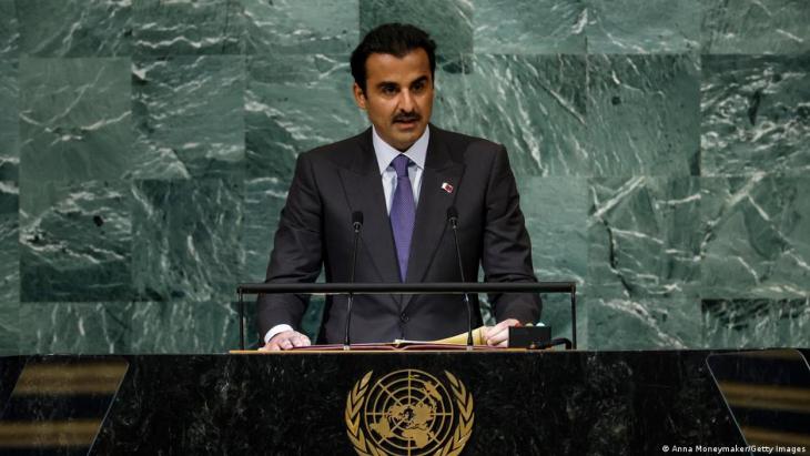 Emir of Qatar Sheikh Tamim bin Hamad Al Thani speaks at the 77th session of the United Nations General Assembly (UNGA), New York, 20 September 2022 (photo: Anna Moneymaker/Getty Images)