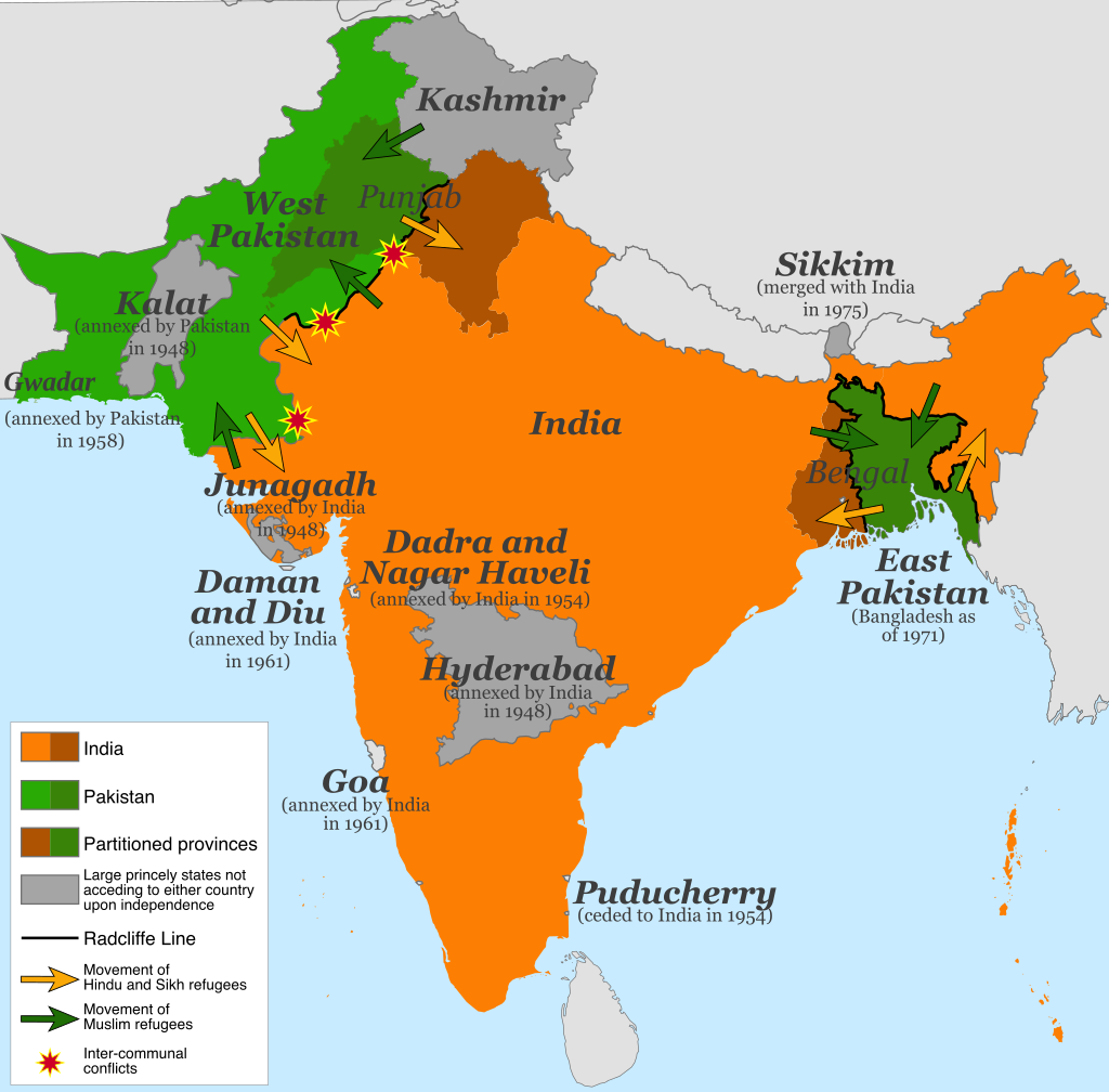 Map showing the partition on the Indian subcontinent in 1947 (image: Own work, CC BY-SA 4.0, via Wikimedia Commons) 