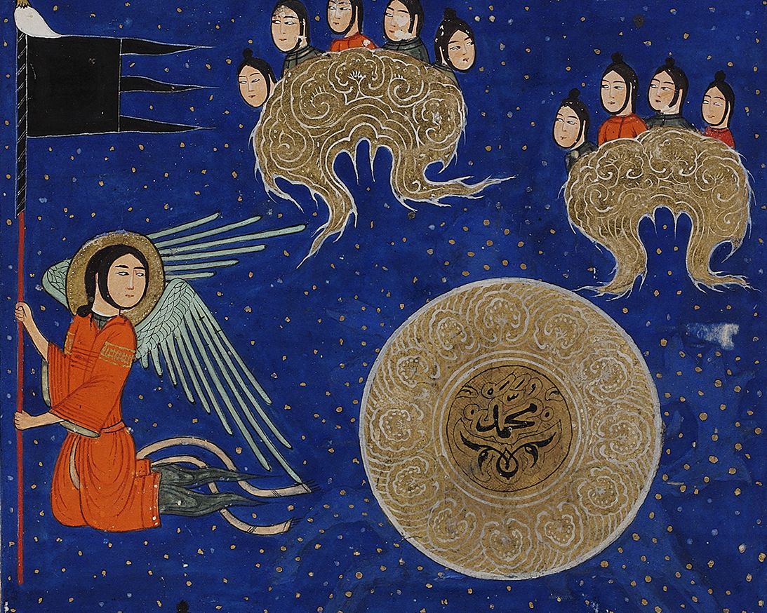 The Prophet Muhammad, depicted as an inscribed and radiant disk, during his celestial ascension, Nizami, Makhzan al-Asrar (Treasury of Secrets), text transcribed in western India in 1441 and painting inserted subsequently, Topkapi Palace Library, Istanbul.