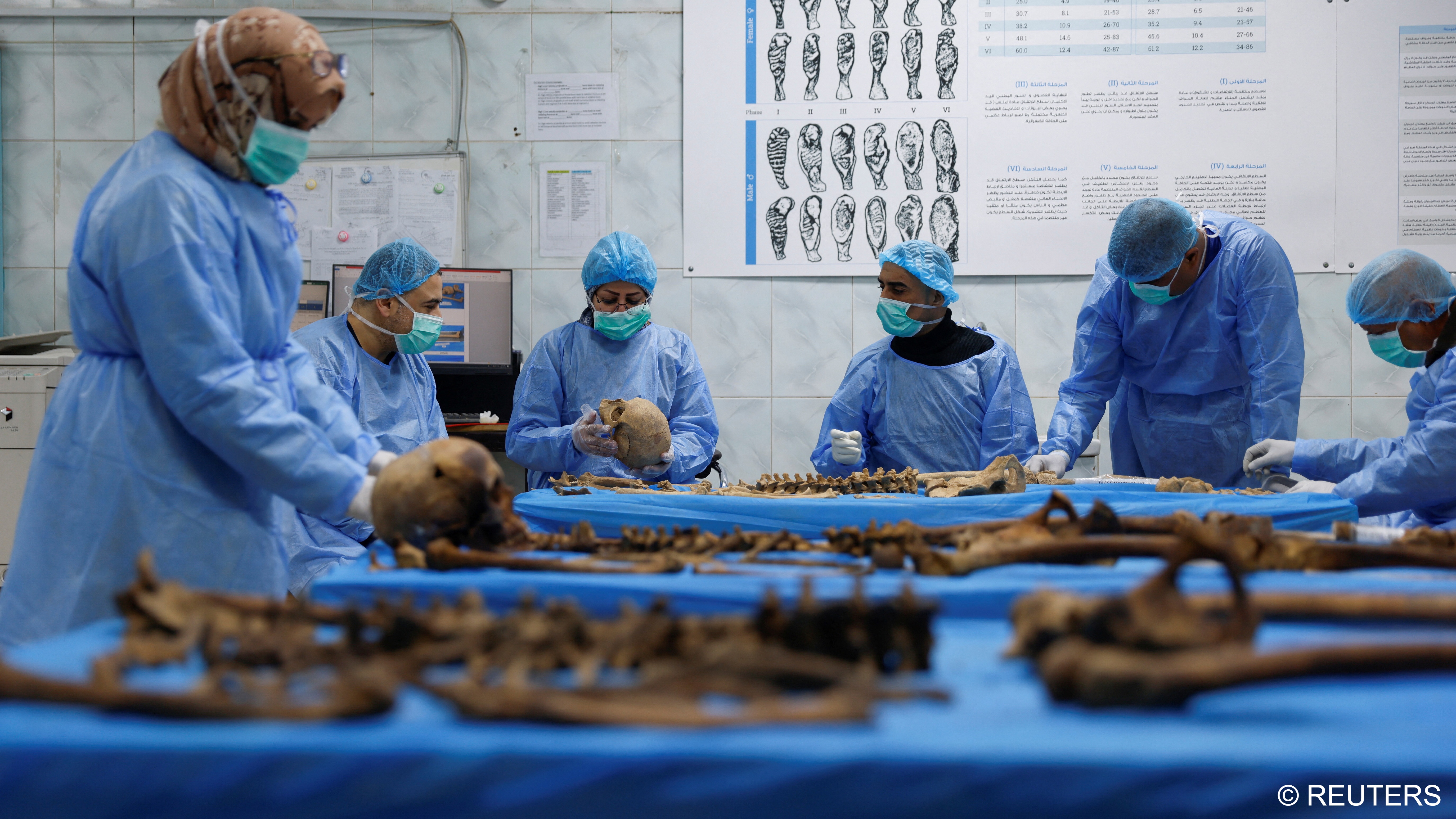 A team works to identify remains exhumed from a mass grave in the mass grave section of the medico-legal directorate of Iraq's ministry of health, in Baghdad, January 2023 (image: Reuters/Ahmed Saad)