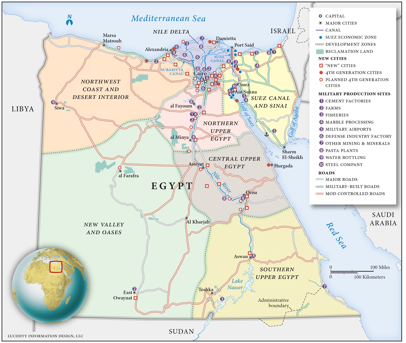 خريطة الأنشطة والاهتمامات الاقتصادية العسكرية الرئيسية.-Karte: Orte der Wirtschaftsaktivitäten der Armee in Ägypten  (Photo: https://carnegieendowment.org/)