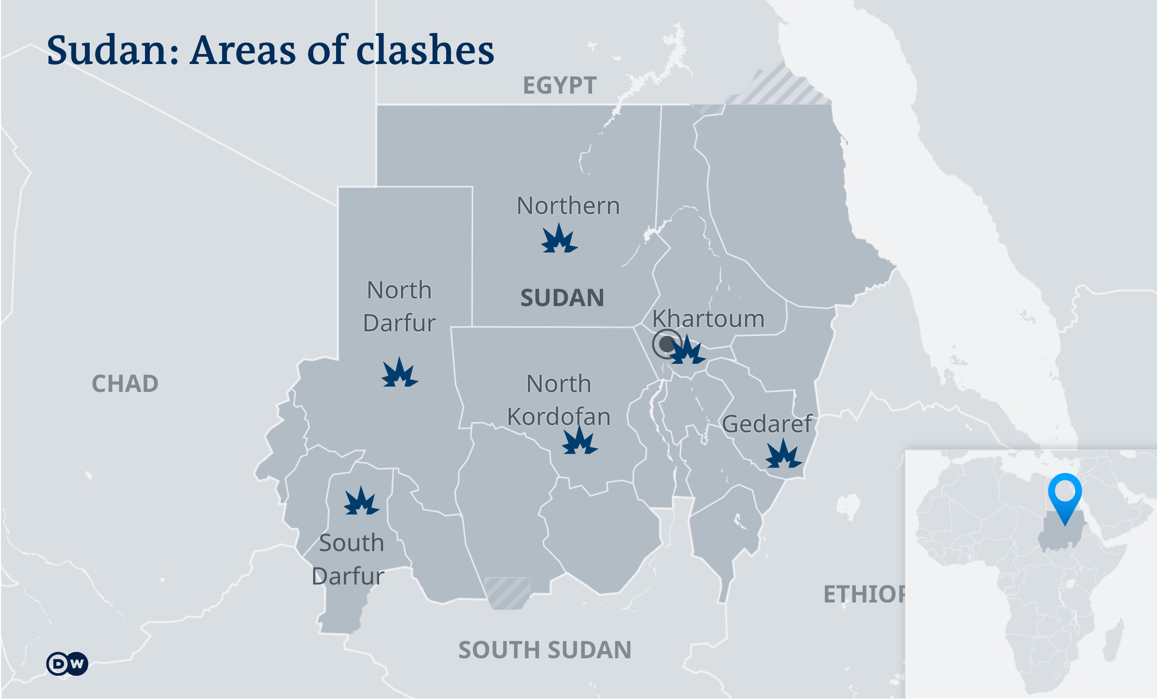 Areas of Sudan affected by the ongoing clashes between the RSF and the Sudanese military (source: DW)