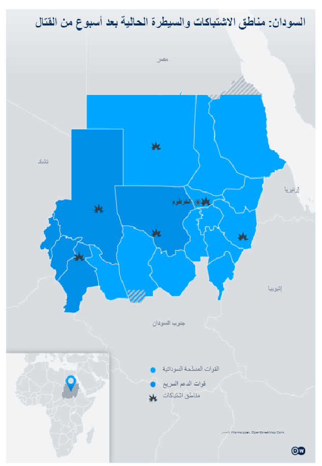  مناطق الاشتباكات والسيطرة الحالية (أبريل / نيسان 2023) بعد أسبوع من القتال في السودان. Map Sudan Provinces Clashes AR Source DW