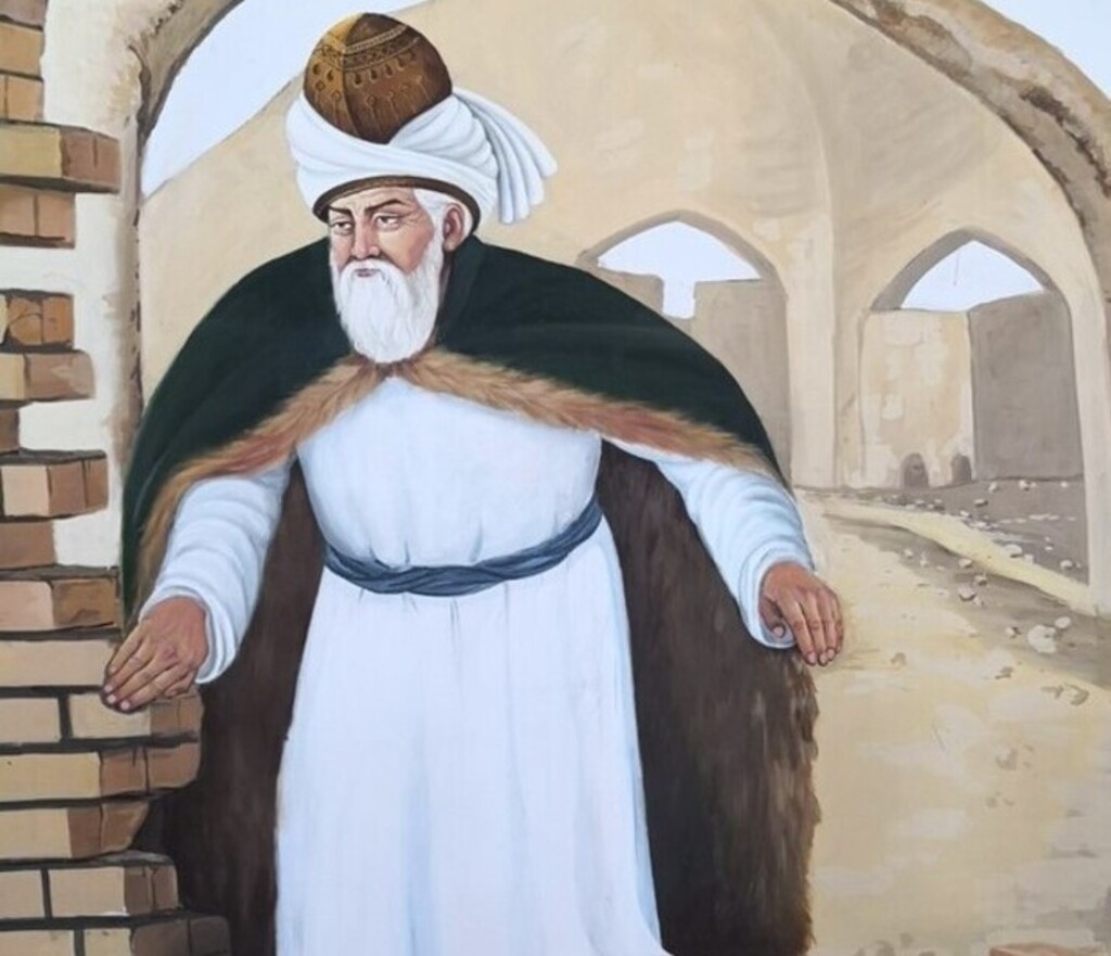 صورة جلال الدين الرومي - جدارية في مركز ثقافي بمدينة مزار الشريف - أفغانستان.