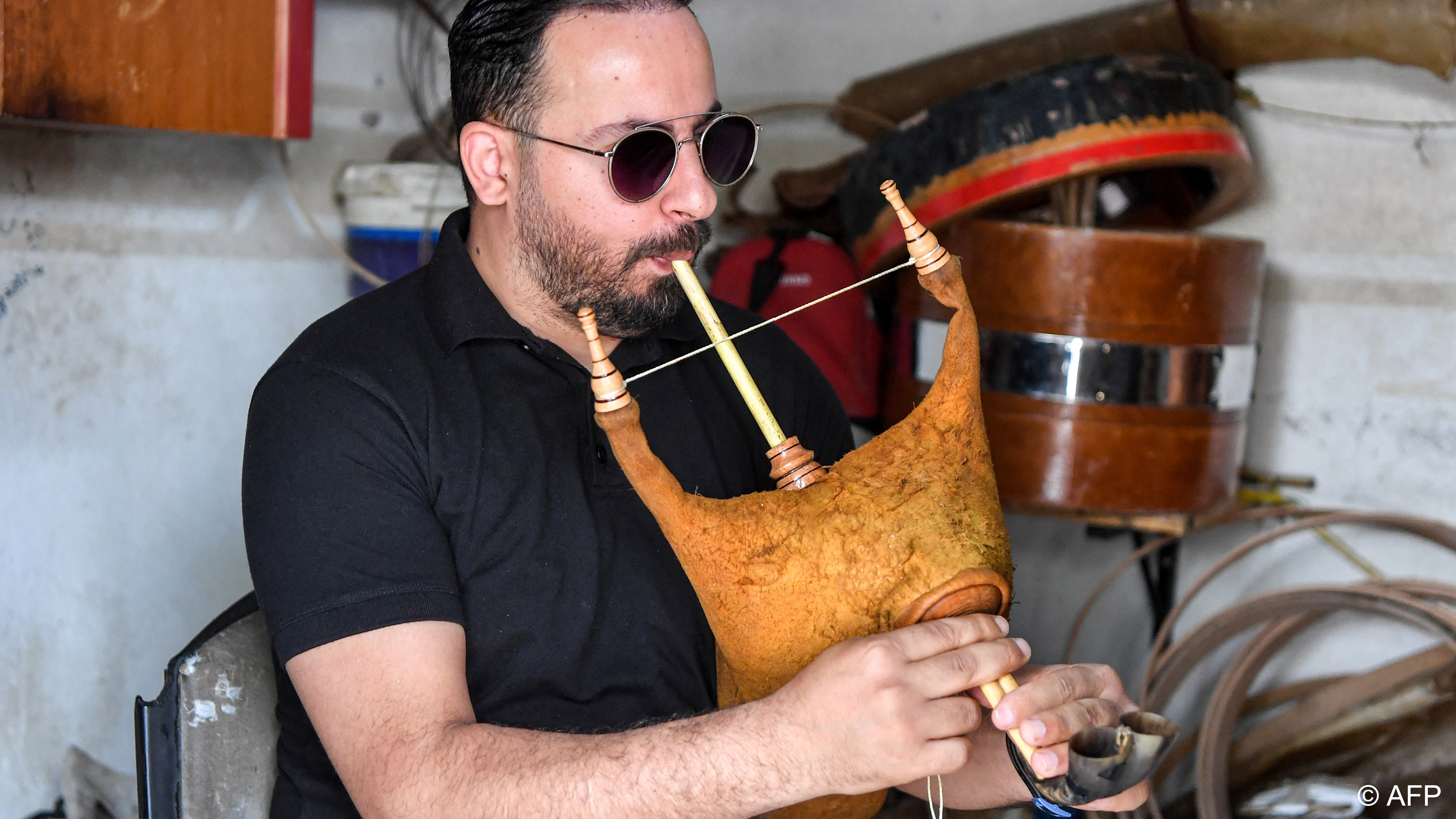 Tunisian musician Montassar Jebali, 32, says the mizwad is 'gaining ground' and will have its international breakthrough (image: FETHI BELAID/AFP) 