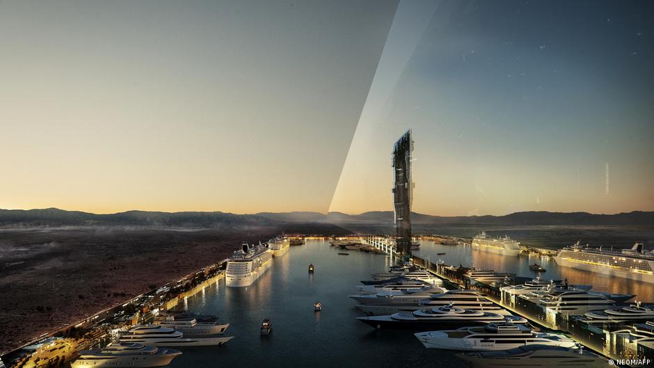 Handout image showing a computer-generated view of the heart of Neom with twin, 500 m skyscrapers and marina (image: NEOM/AFP)