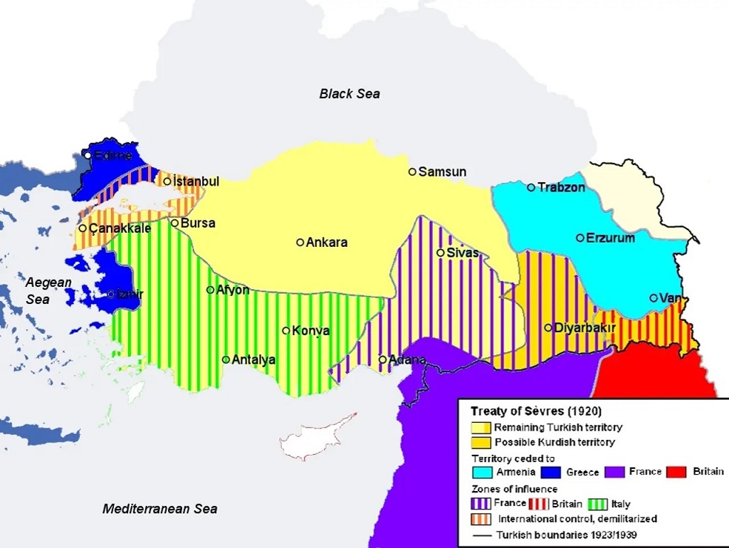 The 1920 Treaty of Sevres, reviled by the Young Turks as the "Dictatorship Peace", envisaged a much smaller Turkey than it actually became after 1923 (image: Wikimedia Commons)