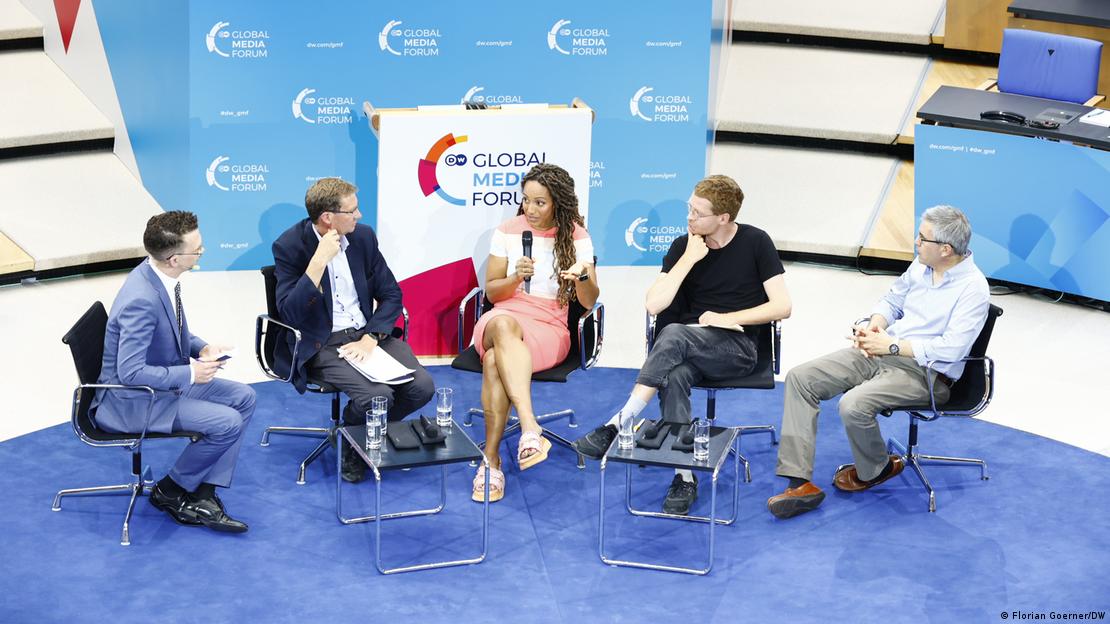 Afua Hirsch takes part in a discussion panel as part of the Deutsche Welle Global Media Forum in Bonn in June 2023 (image: DW)