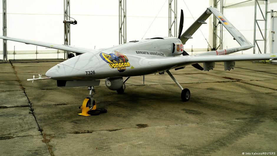 One of Turkey's lethal Bayraktar TB2 drones, here at an arms show in Lithuania (image: Ints Kalnins/REUTERS)