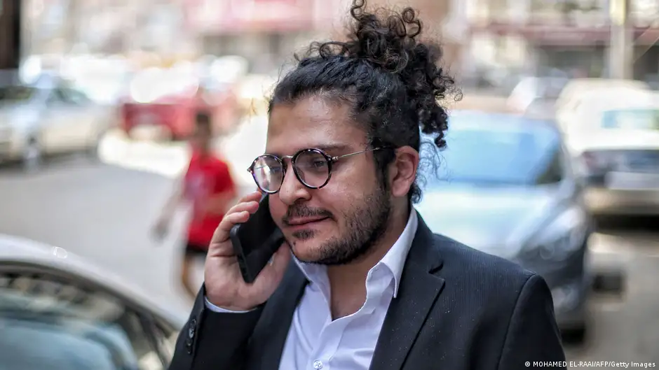 Egyptian researcher Patrick Zaky outside the court in Mansoura, Egypt (image: MOHAMED EL-RAAI/AFP/Getty Images)