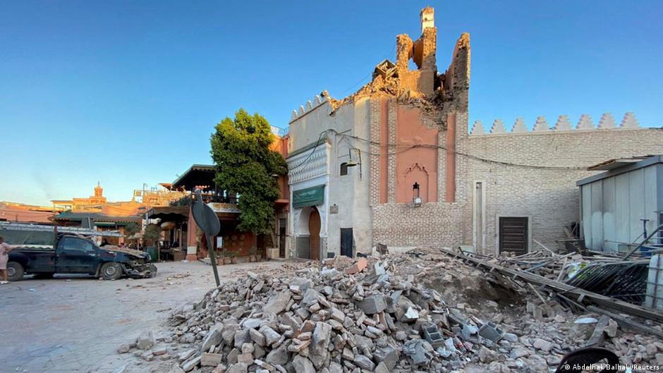 Rubble piled next to an old mosque in the historic city of Marrakesh