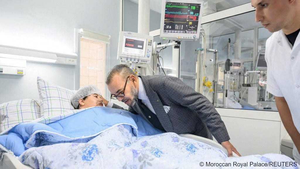 Morocco's King Mohammed VI visits injured quake survivors at Mohammed VI University Hospital Center, following a powerful earthquake, in Marrakech, Morocco 12 September 2023 (image: Moroccan Royal Palace/Handout via REUTERS)