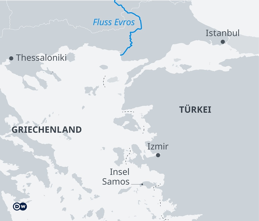 Karte von Griechenland und der Türkei mit Grenzfluss; Quelle: DW