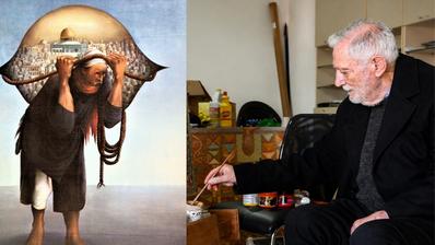 A collage featuring the Palestinian artist Sliman Mansour and his famous painting.