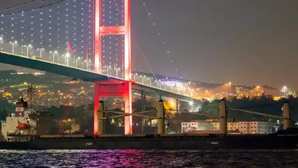 The Bosporus Bridge is illuminated in red and white at night; the lights of Istanbul can be seen in the background as a ship passes beneath the bridge