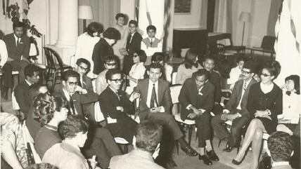 Saudi students in Cairo: women's rights activist Aisha al-Mana sits on the right of the picture, wearing sunglasses