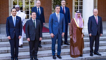 Spanish Prime Minister Pedro Sanchez (in the centre) with a group of ministers from Arab countries in front of the Spanish government building