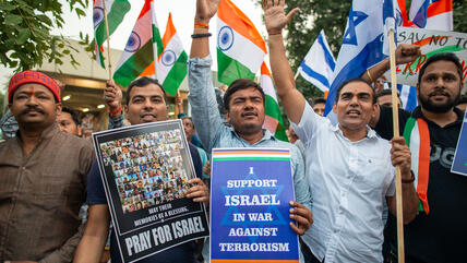 Supporters of India's Bharatiya Janata Party (BJP) at a rally in solidarity with Israel in New Delhi on 15 October 2023