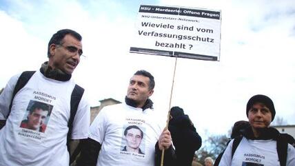 Berlin, November 4th 2012: Several hundrets of citizens demonstrate against racism, some of them wearing T-Shirts showing photos of the victims of the NSU-terrorist cell (photo: Kay Nietfeld/dpa)