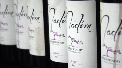 Bottles of Taybeh's "Nadim" wine, Arabic for "drinking buddy"