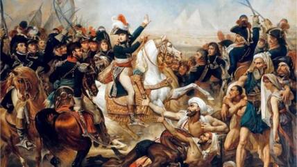 لوحة تصور قوات نابليون وهي تصل إلى مصر وتهزم الحاكم المملوكي المسلم هناك عام 1798