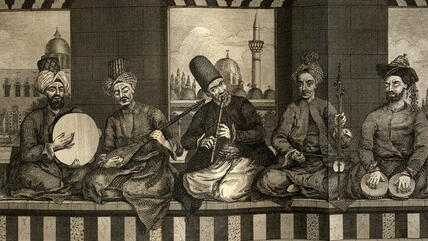 Syrian music band from Ottoman Aleppo, mid 18th century, by Alex. Russel, M.D. 1794. The Chamber Music drawn from life, as described by Russel, "the first is a Turk of lower class, he beats the Diff [Daff]. The person next to him is an ordinary Christian and plays the Tanboor. The middle figure is a Dervish, he is playing the Naie [Nay]. The fourth is a Christian of middle rank, he plays the Kamangi. The last man, he beats the Nakara with his fingers in order to soften the the sound for the voice, but the d