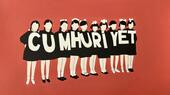 Artwork of faceless women in short black dresses with short dark hair with the Turkish word "Cumhuriyet" in white