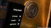 A display shows the result of the United Nations General Assembly's vote on the creation of an international day to commemorate the Srebrenica genocide, United Nations Headquarters, New York City, USA, 23 May 2024