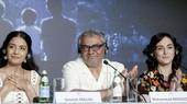 Director and two actresses at a press conference in Cannes, 2024.