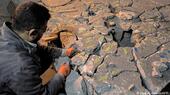 عامل في متحف الموصل في العراق يحاول إعادة تركيب قطع أثرية مبعثرة.