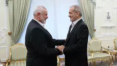 Ismail Haniyah (left), the political leader of Hamas, at a meeting with Iranian President Masoud Pezeshkian on 30 July 2024. 