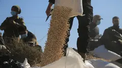 A man poors thousands of white pills onto the floor from a bag.