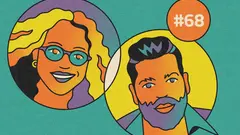 Eine Illustration von den beiden Podcastern in lila, gelb und türkiser Farbe