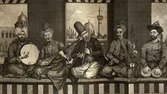 Syrisches Musikband aus dem osmanischen Aleppo, Mitte des 18. Jahrhunderts, von Alex. Russel, M.D. 1794. Die Kammermusik nach dem Leben gezeichnet, wie von Russel beschrieben, "der erste ist ein Türke von niederer Klasse, er schlägt den Diff [Daff]. Die Person neben ihm ist ein gewöhnlicher Christ und spielt die Tanboor. Die mittlere Figur ist ein Derwisch, er spielt die Naie [Nay]. Der vierte ist ein Christ mittleren Ranges, er spielt die Kamangi. Der letzte Mann, er schlägt die Nakara mit den Fingern, um 