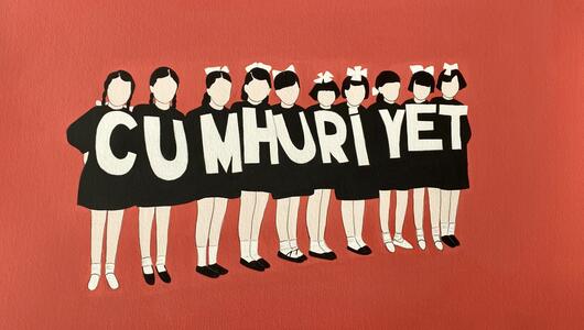 Artwork of faceless women in short black dresses with short dark hair with the Turkish word "Cumhuriyet" in white