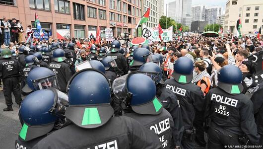 Police block the road during a pro-Palestinian protest to mark the 'Nakba' anniversary, in Berlin, Germany on 18 May 2024